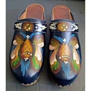 Vintage MIA Swedish Navy Blue Handpainted Clogs Mule Shoes EU 36 US 5/6 VGC